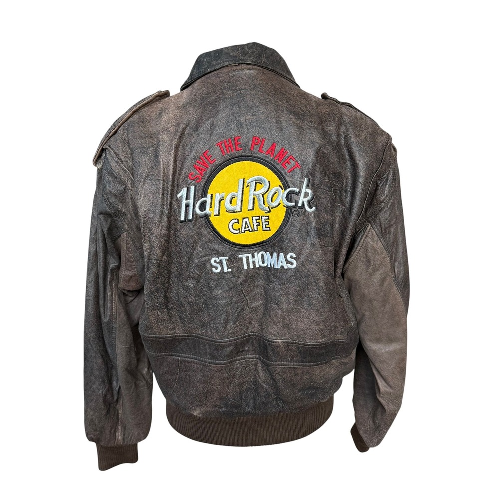 Hard Rock Cafe St Thomas Vintage Leather‎ Bomber Jacket Brown Mens S Distressed